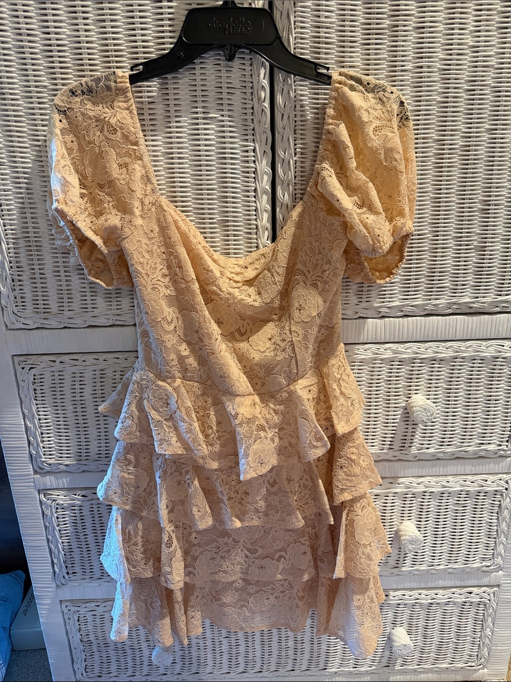 Olivaceous Beige Lace Tiered Mini Dress